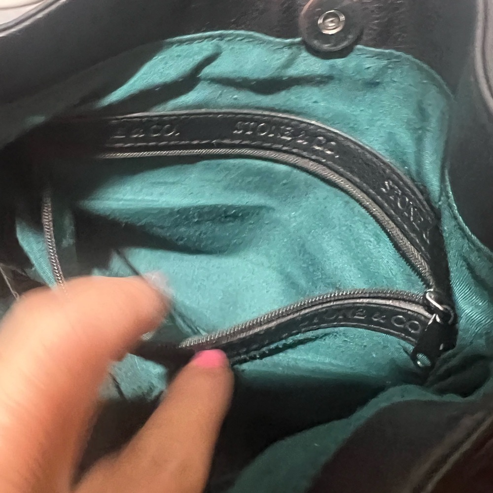 Stone & Co Black Pebbled Leather Crossbody Bag Silver Hardware Teal Lining - Picture 2 of 13